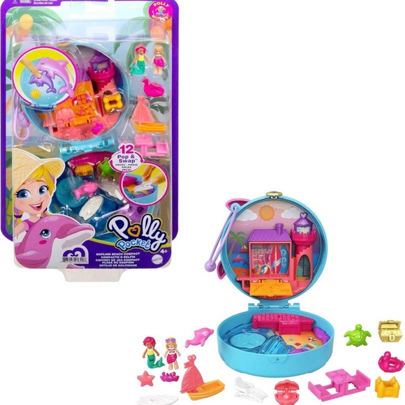 Other - Polly Pocket Compact Playset Dolphin🐬Beach🏖️wMicroPollyMermaid🧜‍♀️Doll & Accs